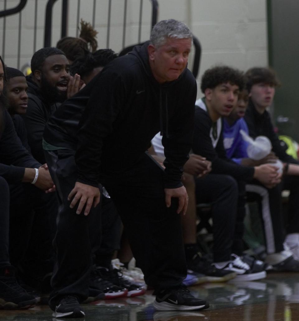 Lincoln basketball head coach Andy Colville coaching on the sidelines against Godby on Friday, Jan. 12, 2023, at Lincoln High School