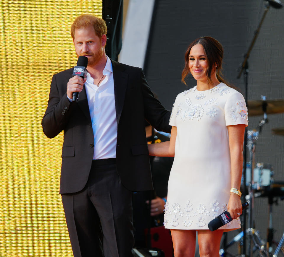 Prince Harry and Meghan Markle speak on stage at Global Citizen Live: New York on September 25, 2021 in New York City