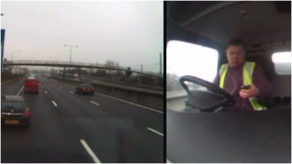 The driver can be seen checking his phone as his truck speeds towards unknowing drivers.