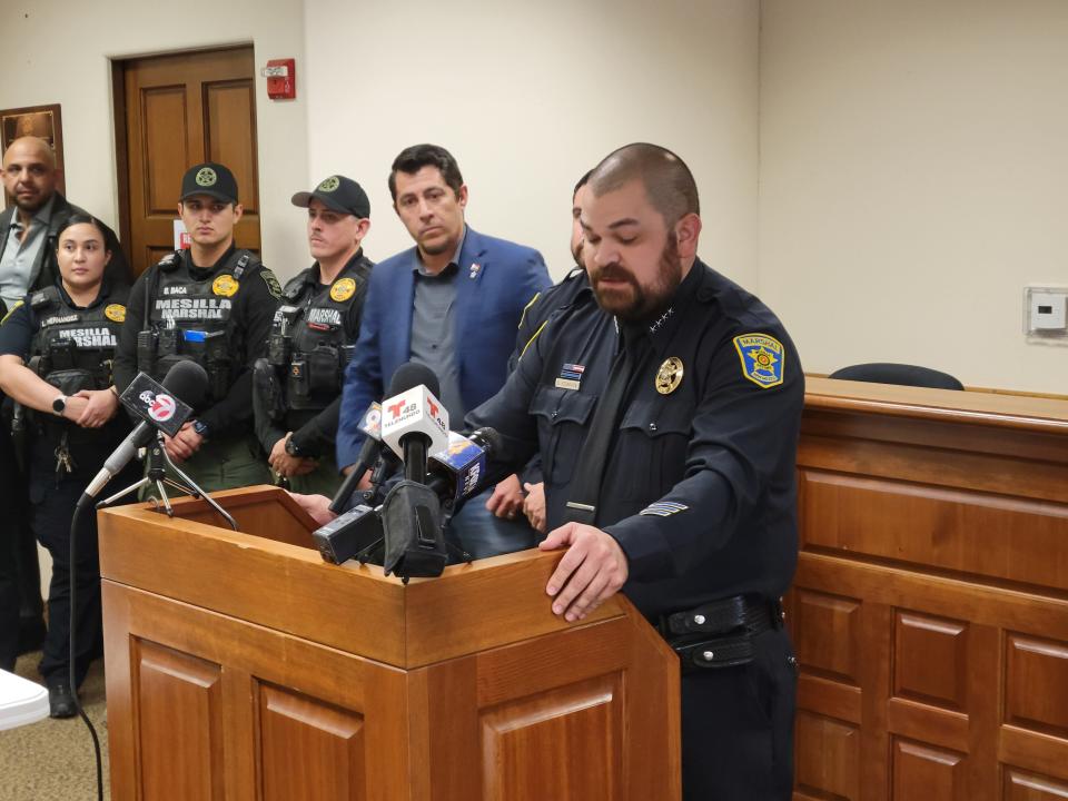 Mesilla Marshal's Office lieutenant Ben Azcarate tells reporters on Wednesday, April 10 that Oscar Sandoval was taken into custody by U.S. Marshalls, ending a nine-day manhunt after he allegedly shot and killed his wife in Mesilla.