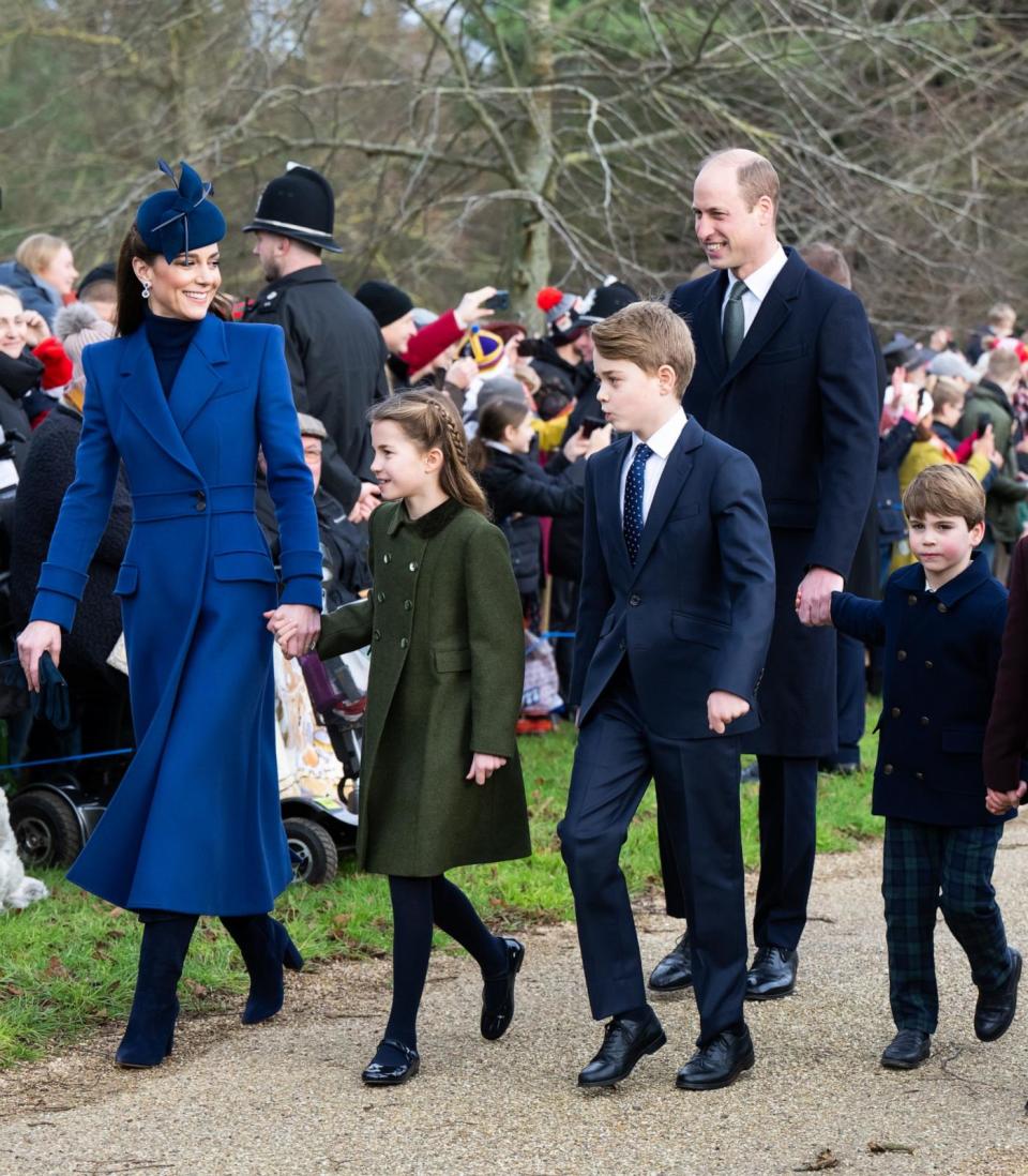 PHOTO: Catherine, Princess of Wales, Princess Charlotte of Wales, Prince George of Wales, Prince William, Prince of Wales, Prince Louis of Wales attend the Christmas Morning Service at Sandringham Church on Dec. 25, 2023 in Sandringham, Norfolk. (Samir Hussein/WireImage via Getty Images, FILE)