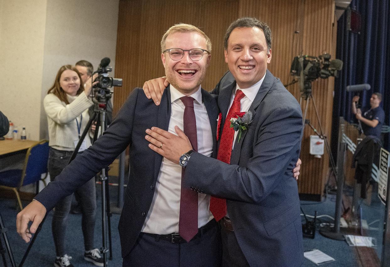 Scottish Labour leader Anas Sarwar with candidate Michael Shanks after Labour won the Rutherglen and Hamilton West by-election, at South Lanarkshire Council Headquarters in Hamilton. (PA)