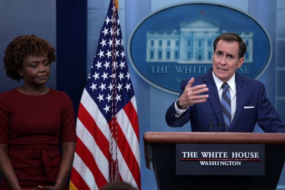 Coordinator for Strategic Communications at the National Security Council John Kirby (R) speaks as White House Press Secretary Karine Jean-Pierre (L) listens during a White House daily press briefing at the James S. Brady Press Briefing Room of the White House June 15, 2022 in Washington, DC. (Photo by Alex Wong/Getty Images)