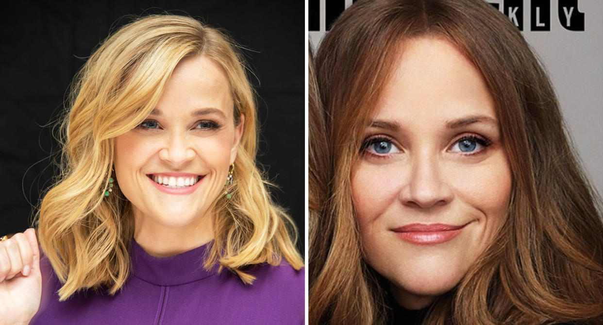 Reese Witherspoon pictured in June this year with her blonde hair, left, and now. [Photo: Instagram/Getty]