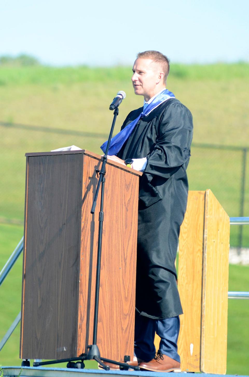 Superintendent Chris Parker addresses the Class of 2021 during the Petoskey High School commencement ceremony.