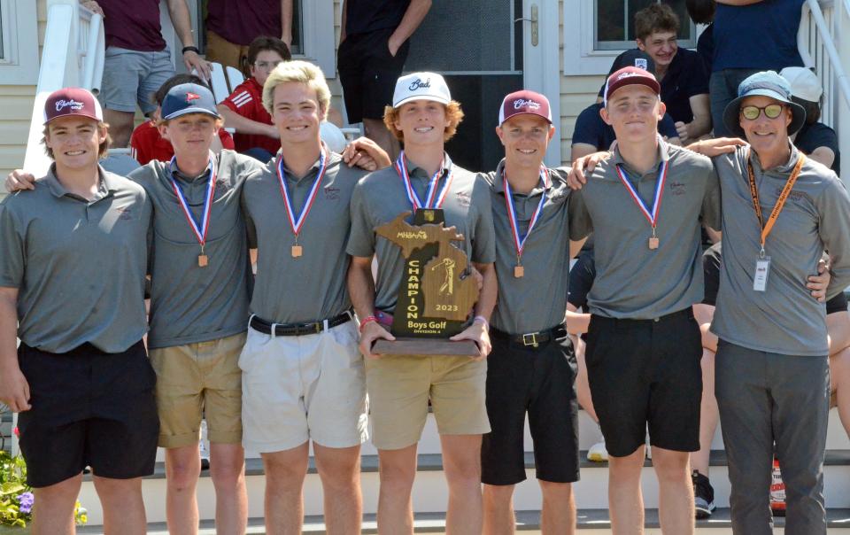 The Charlevoix boys'  golf team collected a Division 4 regional championship Tuesday at Harbor Point Golf Club in Harbor Springs.  Team members include (from left) Jack Herzog, Emmet Bergmann, Henry Herzog, Hudson Vollmer, Sam Pletcher, Bryce Boss and head coach Doug Drenth.