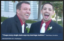 Mark Manz, who got married in 2008 in California when gay marriage was legal there, now lives in Hawaii and writes that his marriage was "downgraded" to a civil union when he moved. He says "Obama and Congress need to take steps to work together" to bring gay marriage to all 50 states. "Obama ran on change; we didn't get much the first four years. I am hoping that now that he has nothing to lose, this change will happen. ... We want the freedom to love no matter where we live and hope Obama gives that to us these next four years."