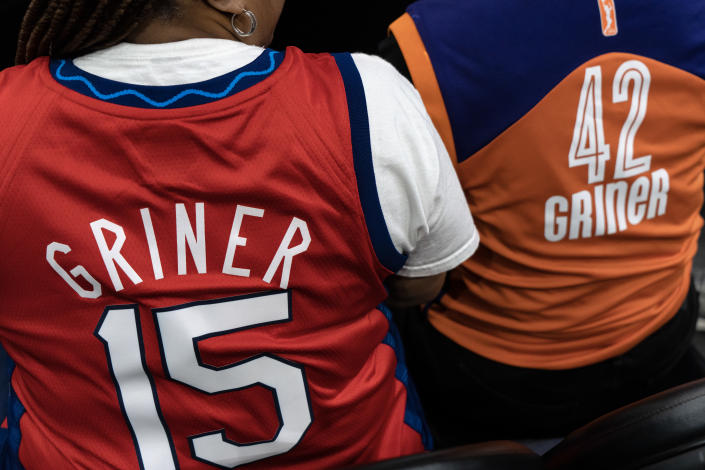 Fans wear Brittney Griner jerseys during a game at Footprint Center in Phoenix, April 29, 2022. (Rebecca Noble/The New York Times)