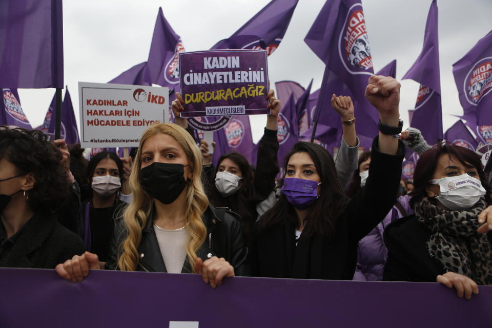 Protesters chant slogans during a rally in Istanbul, Saturday, March 20, 2021. Turkey's President Recep Tayyip Erdogan's overnight decree annulling Turkey's ratification of the Istanbul Convention is a blow to women's rights advocates, who say the agreement is crucial to combating domestic violence. Turkey was the first country to sign 10 years ago and that bears the name of its largest city. (AP Photo/Mehmet Guzel)