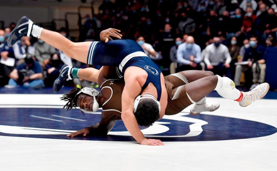 Penn State’s Beau Bartlett wrestles Lehigh’s Manzona Bryant IV in the 149 lb bout during the match on Sunday, Dec. 5, 2021 at Rec Hall. Penn State won, 23-16.