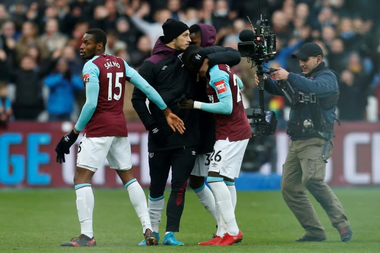 West Ham players celebrate after beating Chelsea 1-0 at The London Stadium