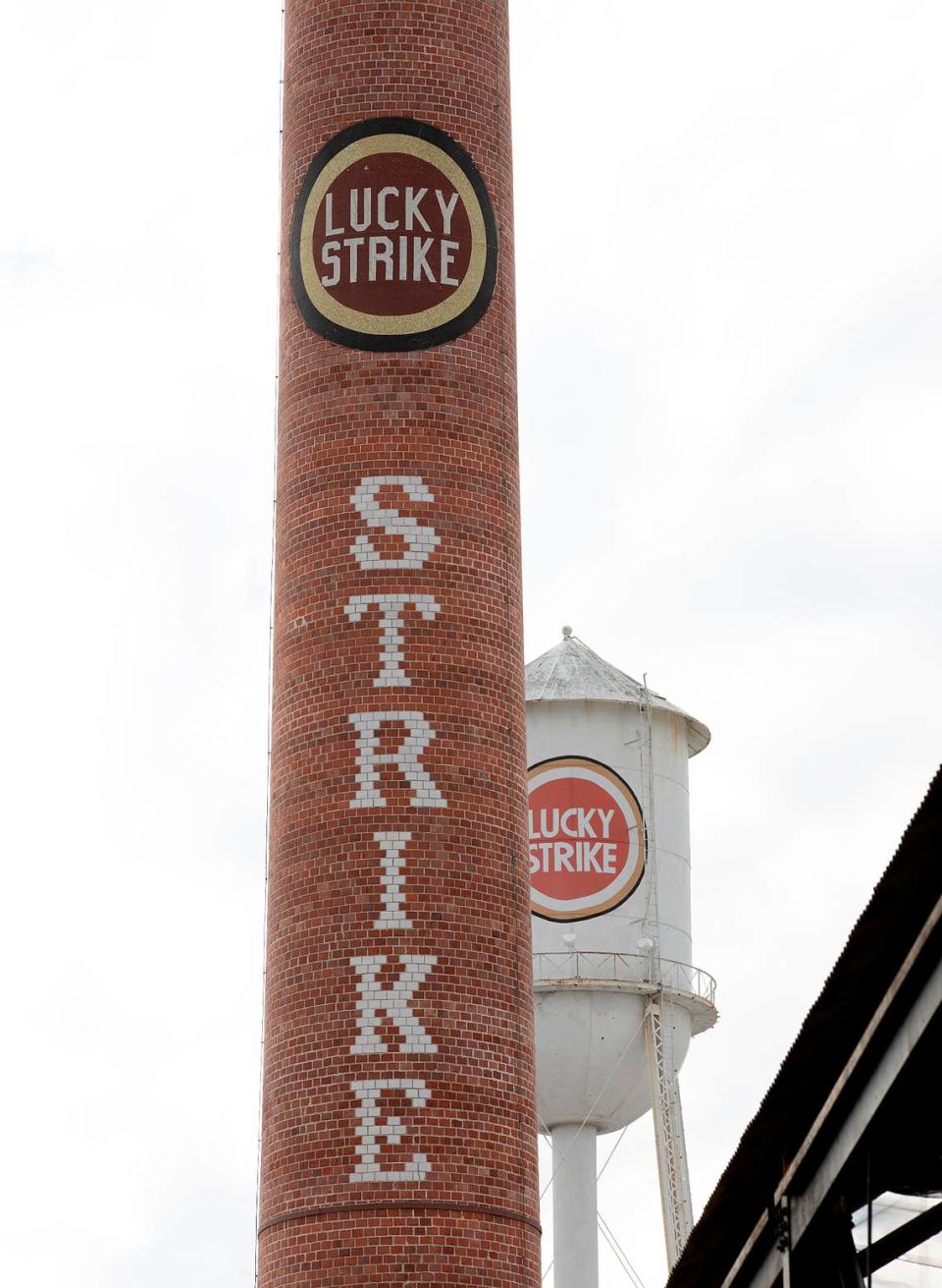 The Lucky Strike smokestack and water tower are photographed in the American Tobacco campus on Friday, Dec. 29, 2023, in Durham, N.C.