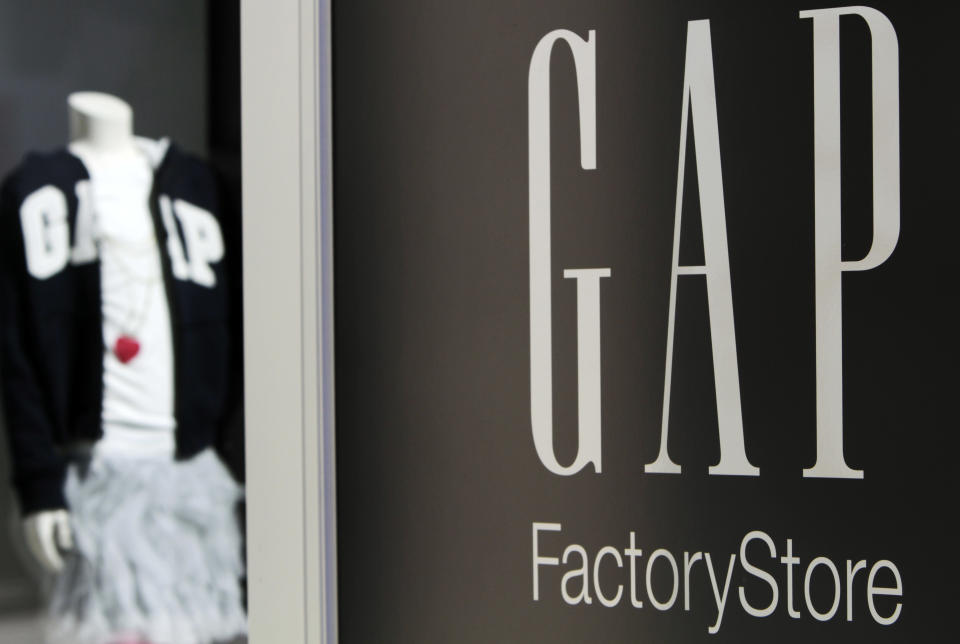 FILE- This Aug. 17, 2011, file photo, shows a Gap storefront in Freeport, Maine. Gap Inc. reported Thursday, May 3, 2012, that April revenue at stores open at least a year fell 2 percent, a bigger decline than analysts expected. (AP Photo/Pat Wellenbach, File)