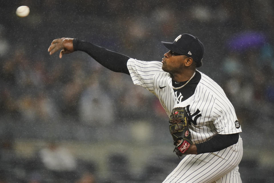 New York Yankees' Luis Severino delivers a pitch during the eighth inning of a baseball game against the Texas Rangers Tuesday, Sept. 21, 2021, in New York. (AP Photo/Frank Franklin II)