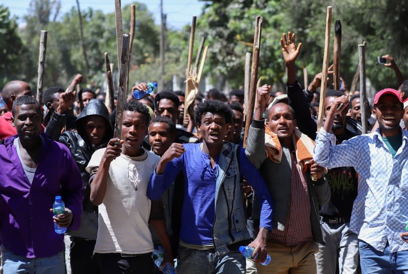 Oromo youth chant slogans during a protest in-front of Jawar MohammedÕs house, an Oromo activist and leader of the Oromo protest in Addis Ababa