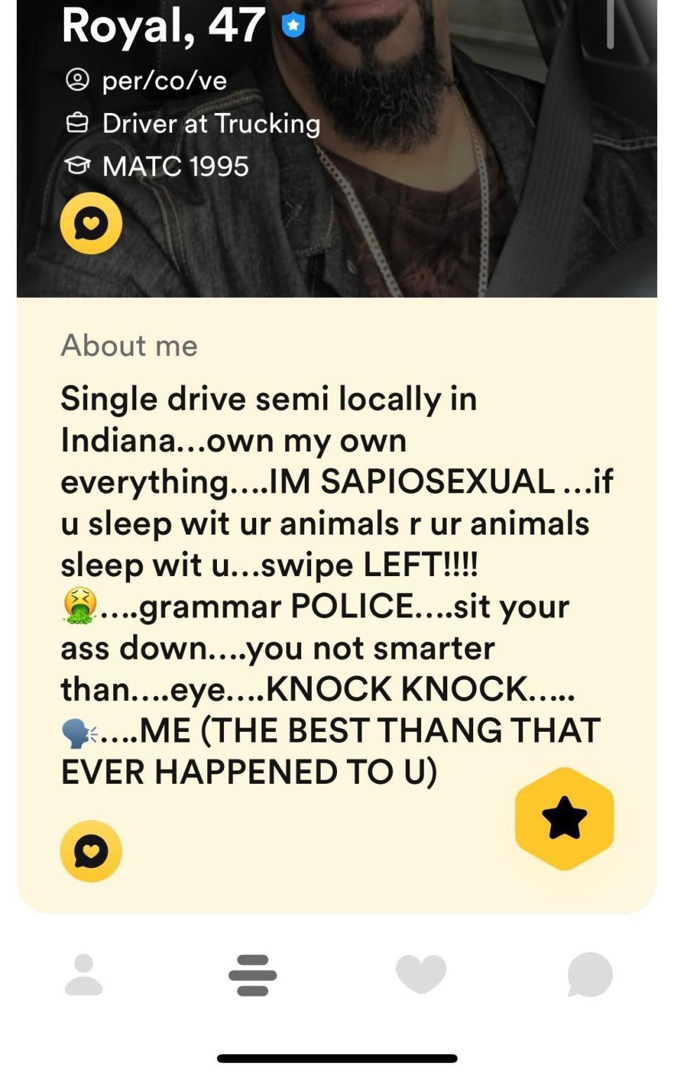 Screenshot of someone's Bumble profile