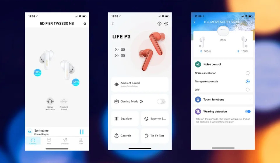 Screens showing companion apps from Edifier, Soundcore and TCL.
