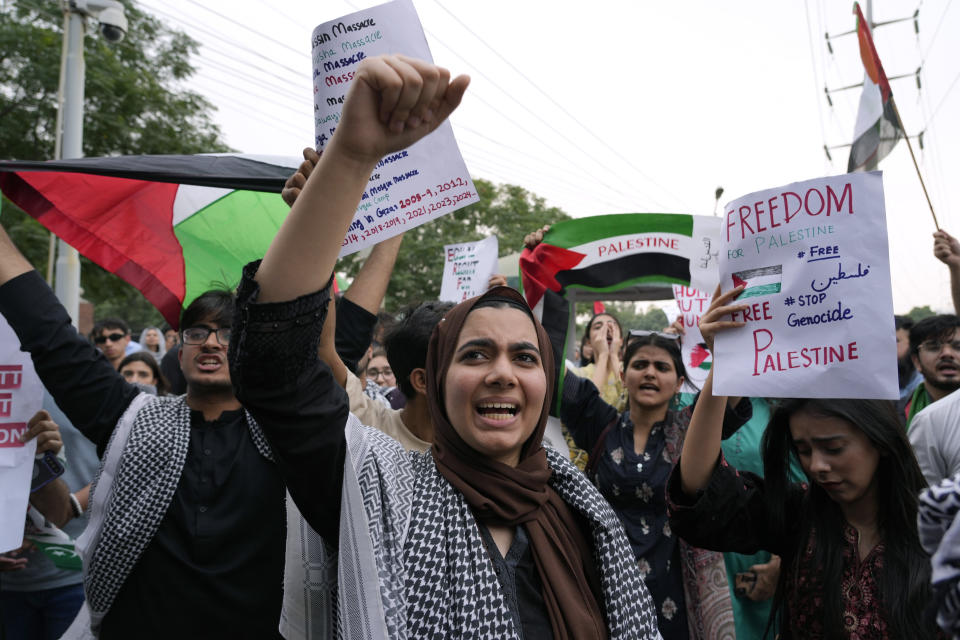 University students take part in rally against the Israeli airstrikes on Gaza and to show solidarity with Palestinian people, in Lahore, Pakistan, Friday, May 10, 2024. (AP Photo/K.M. Chaudary)