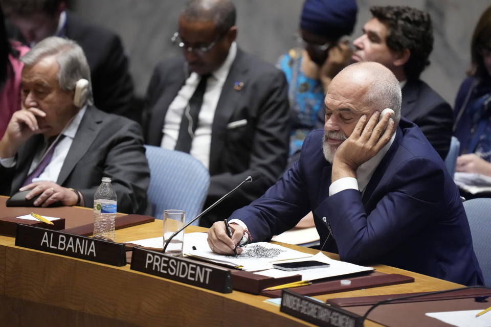 Security Council President and Prime Minister of Albania Edi Rama listens as Russian Foreign Minister Sergey Lavrov speaks during a high level Security Council meeting on the situation in Ukraine, Wednesday, Sept. 20, 2023, at United Nations headquarters. (AP Photo/Mary Altaffer)