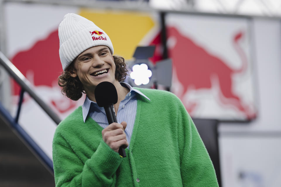 Norway's Lucas Braathen speaks during a press conference in Salzburg, Austria, Thursday, March 7, 2024. Brazil now has a top Winter Olympics medal prospect. Alpine ski star Lucas Braathen has announced he will compete for his mother’s home nation instead of Norway. Braathen whose father is Norwegian split from its ski team last October. (AP Photo/Andreas Schaad)