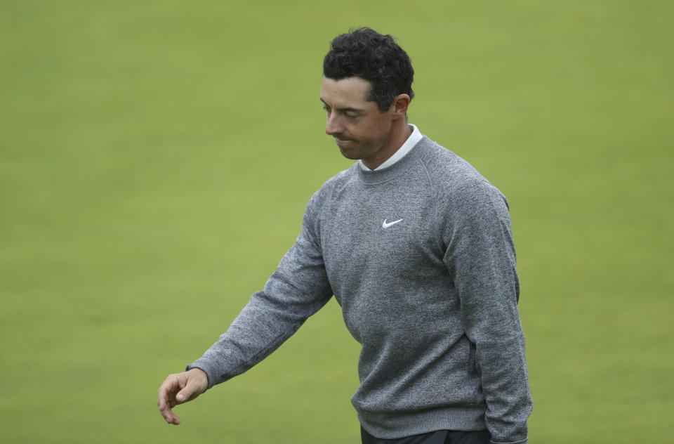 Northern Ireland's Rory McIlroy looks down after completing his second round on the 18th green during the second round of the British Open Golf Championships at Royal Portrush in Northern Ireland, Friday, July 19, 2019.(AP Photo/Peter Morrison)