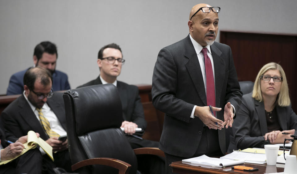 Attorney Amar Majmundar, with the North Carolina Department of Justice, argues for the State during a hearing on Mark E. Harris v. NC State Board of Elections on Tuesday, Jan. 22, 2019, in Superior Court in Raleigh, N.C. A North Carolina judge is considering a demand to order the victory of the Republican in the country's last undecided congressional race despite an investigation into whether his lead was boosted by illegal vote-collection tactics. (Robert Willett/The News & Observer via AP, Pool)