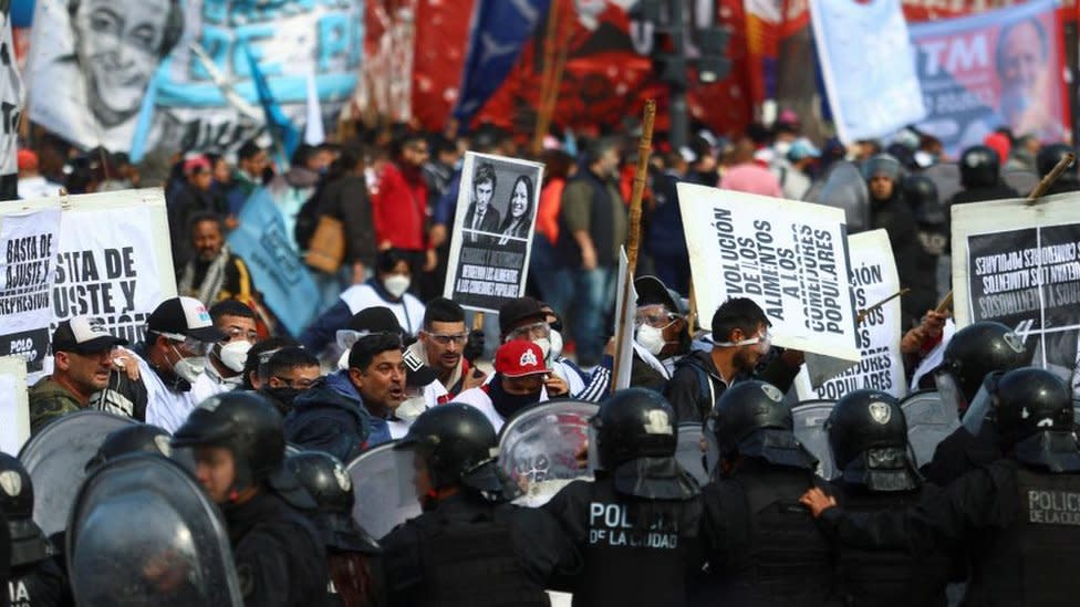 Demonstrators protest against Argentine President Milei's economic plan, in Buenos Aires
