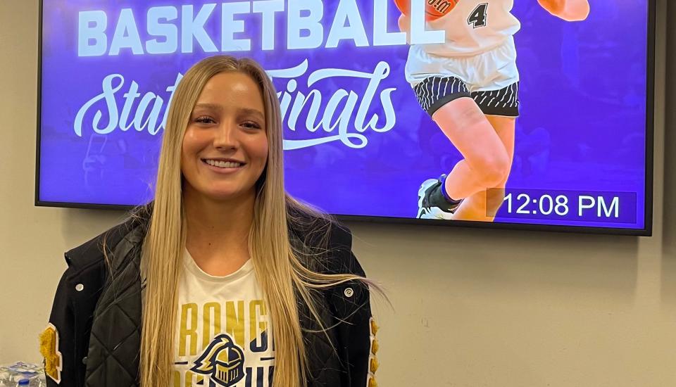 Norwell senior Kennedy Fuelling poses for a photo at Gainbridge Fieldhouse on Tues., Feb. 20. The Knights will play Gibson Southern in the Class 3A state championship game on Saturday at 6 p.m.