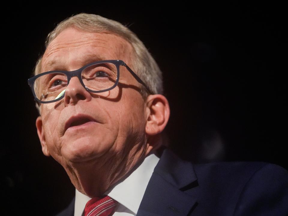 Tue., May 3, 2022; Columbus, Ohio, USA; Ohio Gov. Mike DeWine speaks during a primary election victory party at his campaign headquarters.