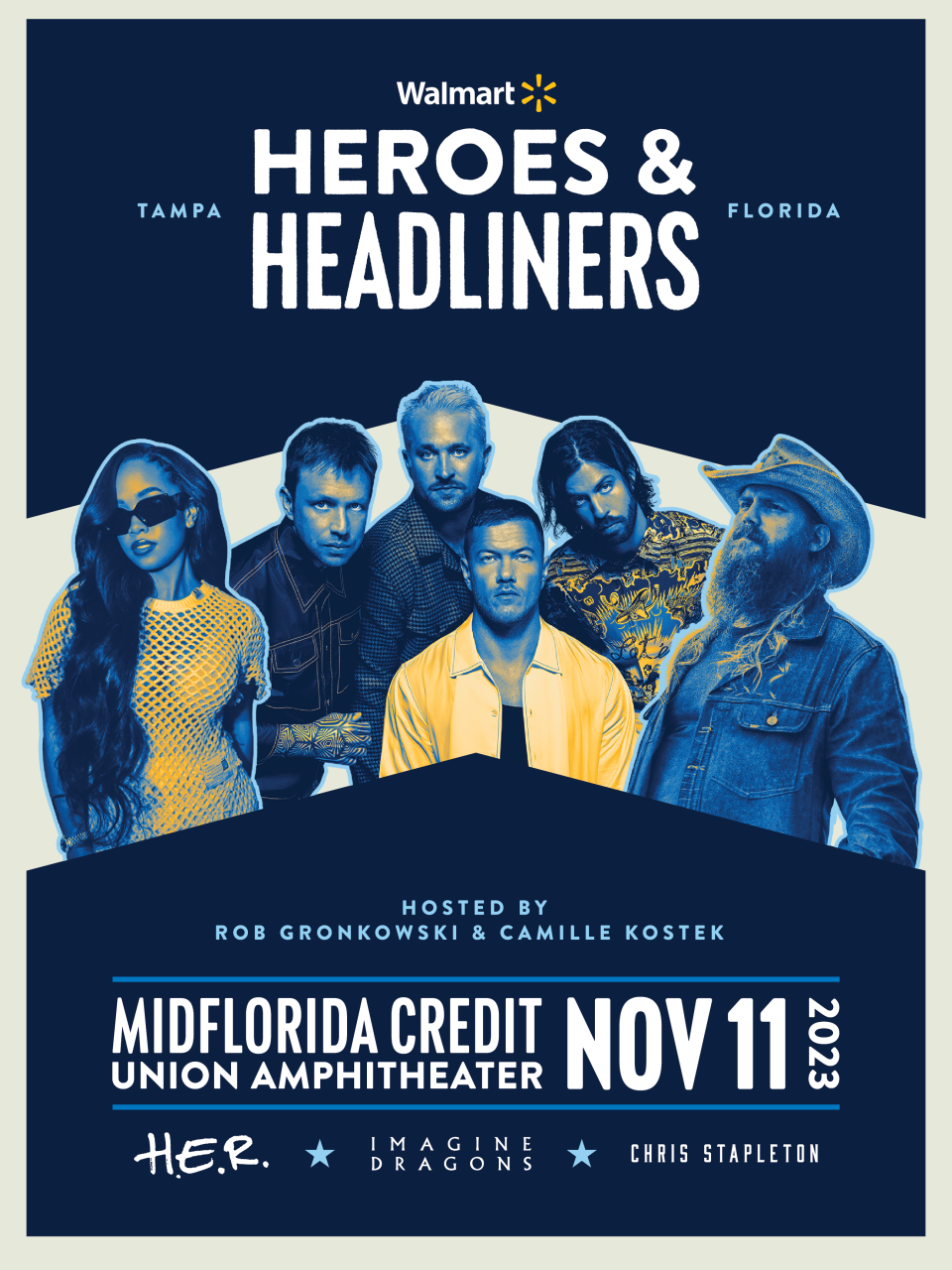 Walmart is holding the first Heroes & Headliner concert Saturday, Nov. 11, at Tampa’s MidFlorida Credit Union Amphitheater with performers including Chris Stapleton, H.E.R. and Imagine Dragons.