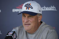 Denver Broncos head coach Vic Fangio responds to a question during a news conference Thursday, Sept. 16, 2021, at the NFL football team's headquarters in Englewood, Colo. (AP Photo/David Zalubowski)