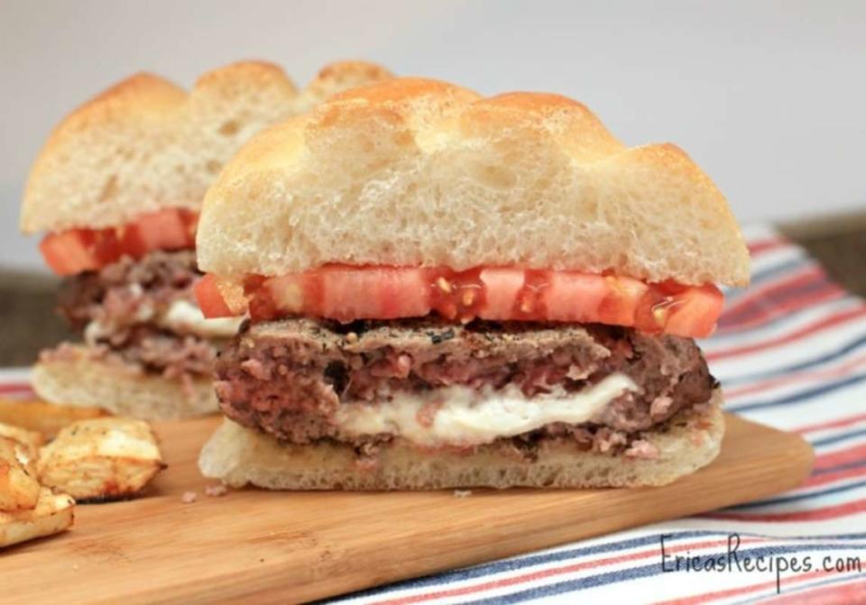 <p>Erica's Recipes</p><p>How do you make a good burger better? Stuff it with cheese!</p><p><strong>Get the recipe: <a href="https://ericasrecipes.com/peppercorn-crusted-boursin-stuffed-cheeseburgers/" rel="nofollow noopener" target="_blank" data-ylk="slk:Peppercorn-Crusted, Boursin-Stuffed Cheeseburgers;elm:context_link;itc:0;sec:content-canvas" class="link ">Peppercorn-Crusted, Boursin-Stuffed Cheeseburgers</a></strong></p>