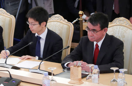 Japanese Foreign Minister Taro Kono (R) attends a meeting with his Russian counterpart Sergei Lavrov in Moscow, Russia January 14, 2019. REUTERS/Maxim Shemetov