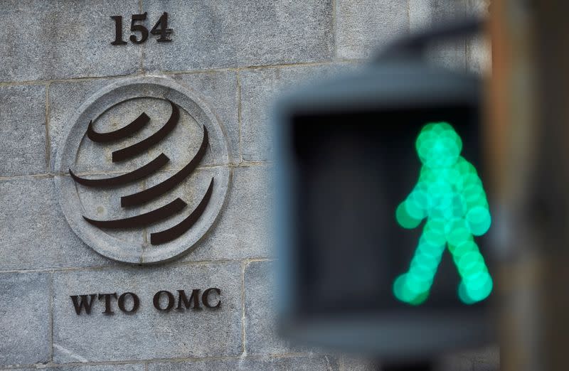 FILE PHOTO: A logo is pictured in front of the World Trade Organization (WTO) in Geneva