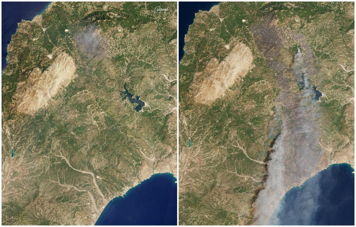 Satellite images show the spread of wildfire in Rhodes, Greece, between 20 to 23 July (Planet Labs PBC)