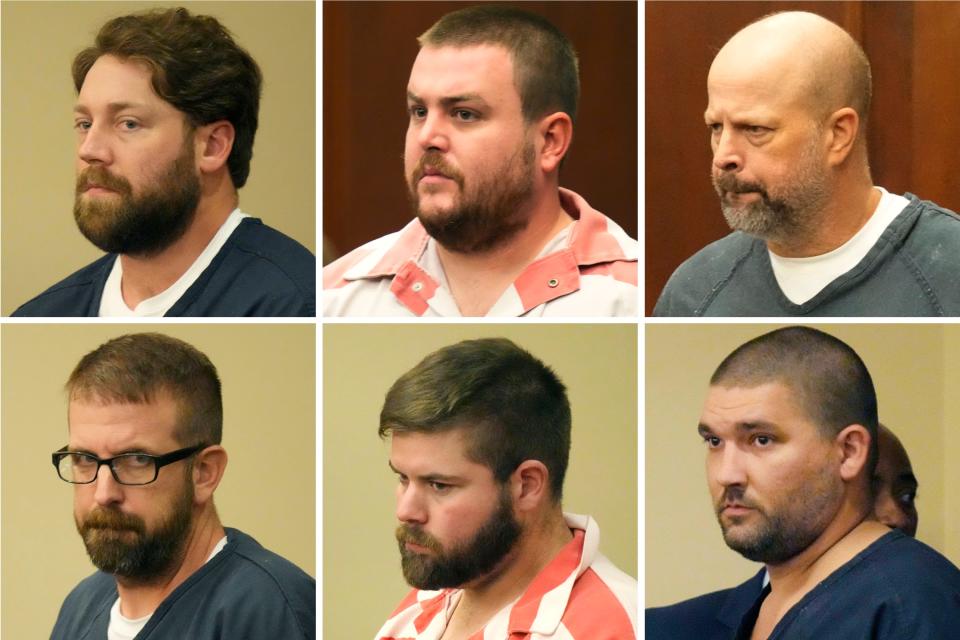 This combination of file photos shows, from top left, former Rankin County sheriff's deputies Hunter Elward, Christian Dedmon, Brett McAlpin, Jeffrey Middleton, Daniel Opdyke and former Richland police officer Joshua Hartfield appearing at the Rankin County Circuit Court in Brandon, Monday, Aug. 14, 2023. A sentencing hearing for them has been postponed until March.