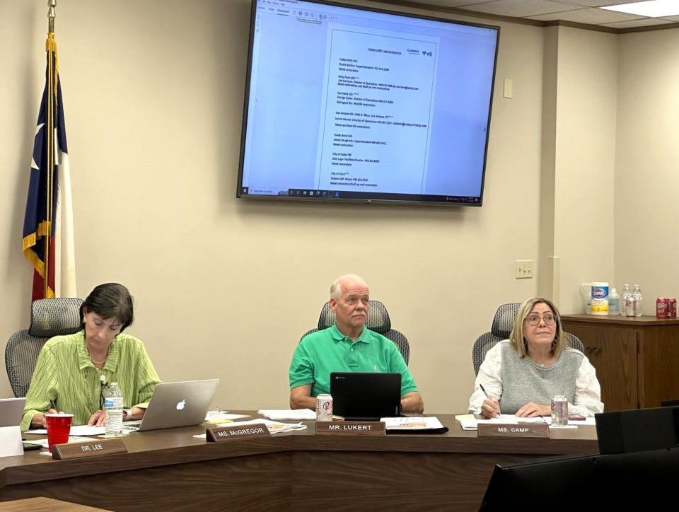 Wichita Falls ISD School Board President Katherine McGregor, left, District 3 Trustee Mark Lukert, middle, and At-large Trustee Sandy Camp, right, listen to presentations during a special session Nov. 7, 2023, at the WFISD Education Center