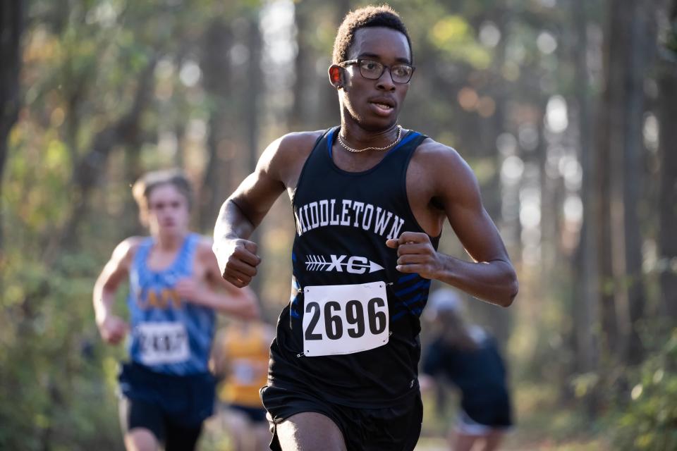 Middletown’s Jonathan Drew runs to victory in the DIAA 2022 Cross Country Boy’s Division I Championship at Killens Pond State Park in Felton, Del.