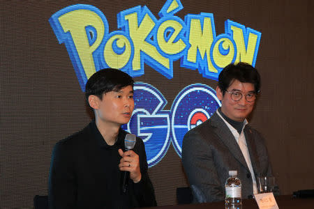 Dennis Hwang, art director of Niantic Inc, speaks during a news conference in Seoul, South Korea, January 24, 2017. Seo Myeong-gon/Yonhap via REUTERS