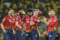 Punjab Kings' Sam Curran, third right, celebrates with teammates the wicket of Chennai Super Kings' Shivam Dube during the Indian Premier League cricket match between Chennai Super Kings and Punjab Kings in Chennai, India, Wednesday, May 1, 2024. (AP Photo/R. Parthibhan)