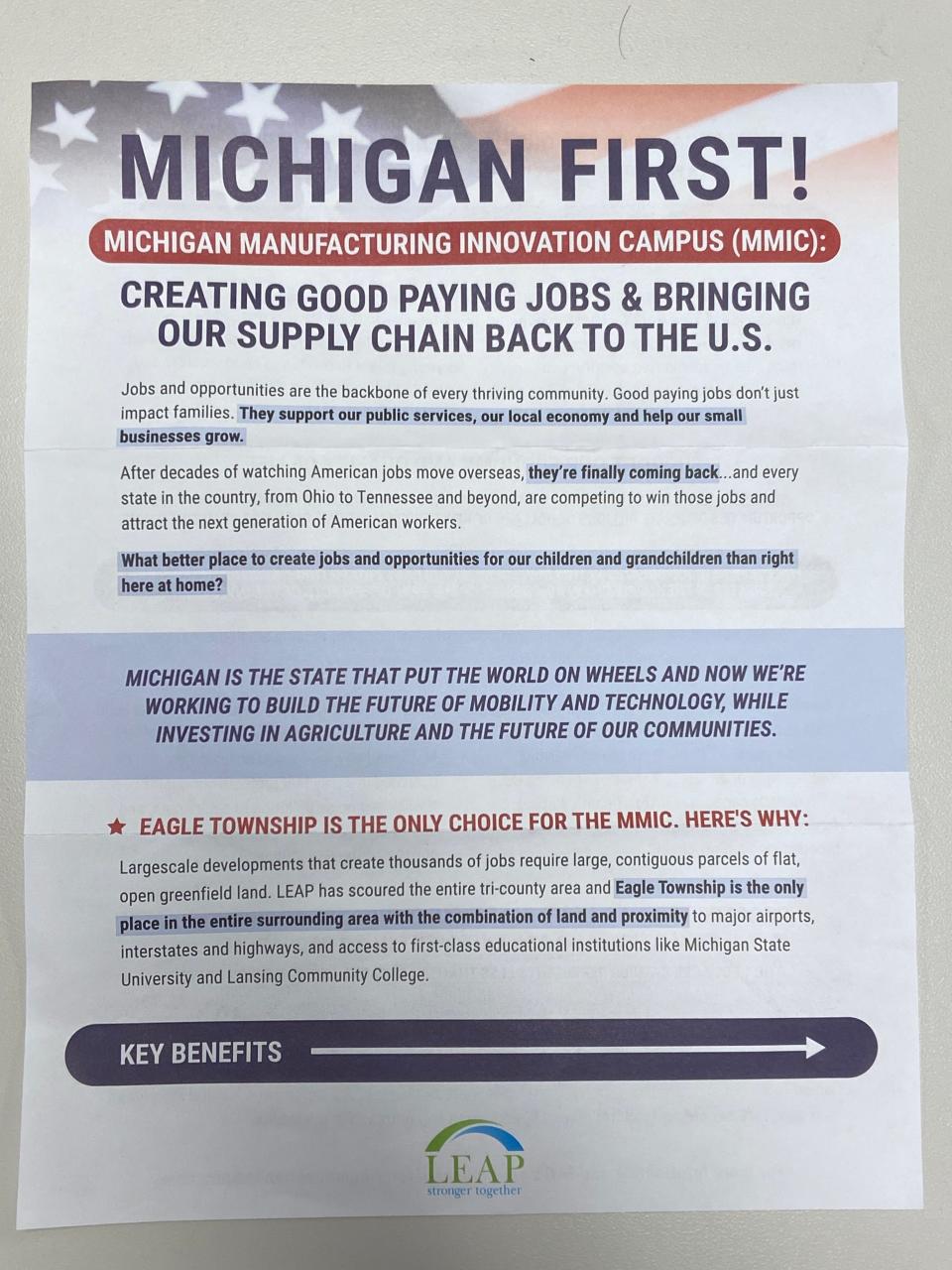 Fliers were mailed to Clinton County homes by the Lansing Economic Area Partnership, which is advocating for a large property development in Eagle Township.