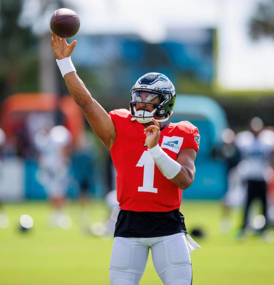 Philadelphia Eagles quarterback Jalen Hurts (1) throws a pass during an NFL football training camp with the Miami Dolphins at Baptist Health Training Complex in Hard Rock Stadium on Wednesday, August 24, 2022 in Miami Gardens, Florida.