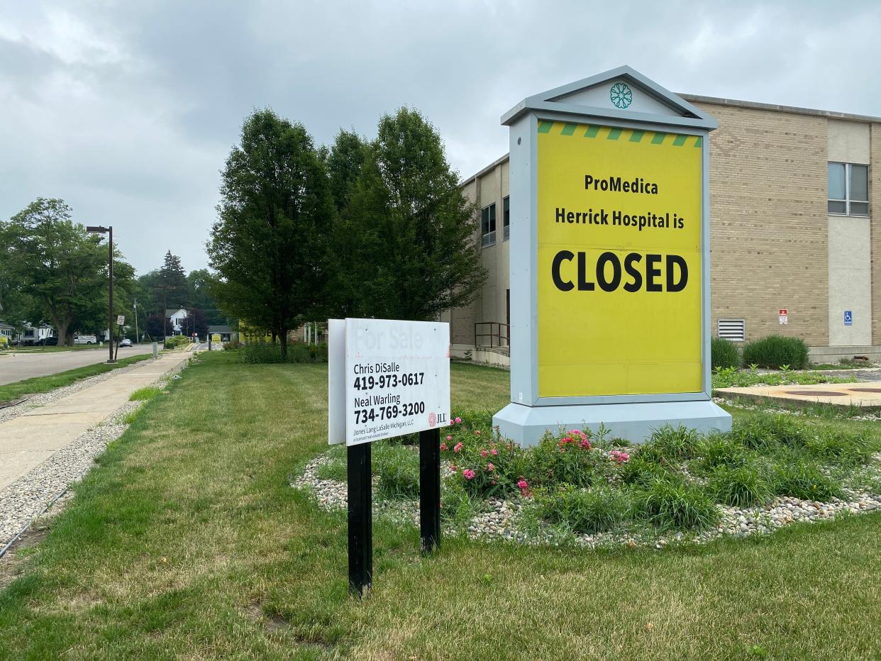 A real estate sign that has had the words "for sale" covered up is pictured Saturday, July 1, 2023, at the former ProMedica Herrick Hospital in Tecumseh. A purchase agreement for the facility at 500 E. Pottawatamie St. has been signed, and it is expected to become a behavioral health center.