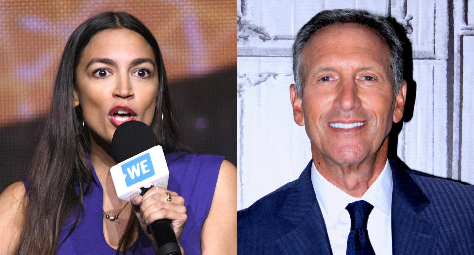 Alexandria Ocasio-Cortez shot back at former Starbucks CEO Howard Schultz, who announced his interest in running for president in 2020, for slamming her proposed tax plan. (Photos; Getty Images)