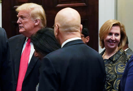 White House Deputy National Security Advisor Mira Ricardel (R) appears with U.S. President Donald Trump as he arrives to participate in the Diwali ceremonial lighting of the Diya at the White House in Washington, U.S. November 13, 2018. REUTERS/Jonathan Ernst