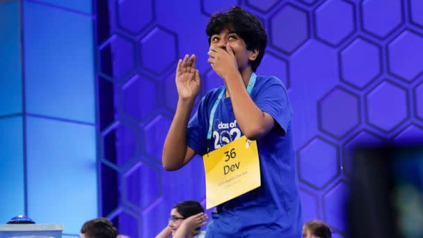 PHOTO: Dev Shah, 14, from Largo, Fla., reacts to winning the Scripps National Spelling Bee, June 1, 2023, in Oxon Hill, Md. (Nathan Howard/AP)
