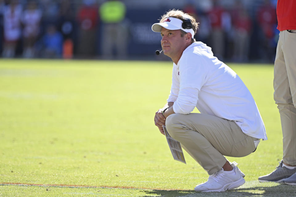 Mississippi head coach Lane Kiffin watches during the second half of an NCAA college football game against Texas A&M in Oxford, Miss., Saturday, Nov. 4, 2023. Mississippi won 38-35. (AP Photo/Thomas Graning)