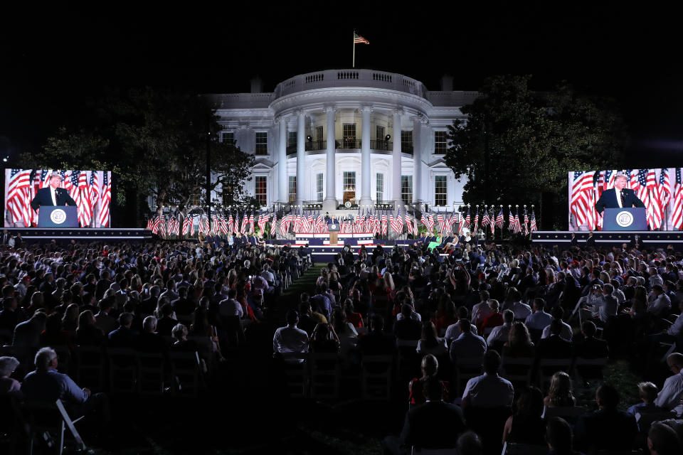 President Donald Trump delivers his acceptance speech for the Republican presidential nomination on the South Lawn of the White House in front of more than 1,000 invited guests. (Photo: Chip Somodevilla via Getty Images)