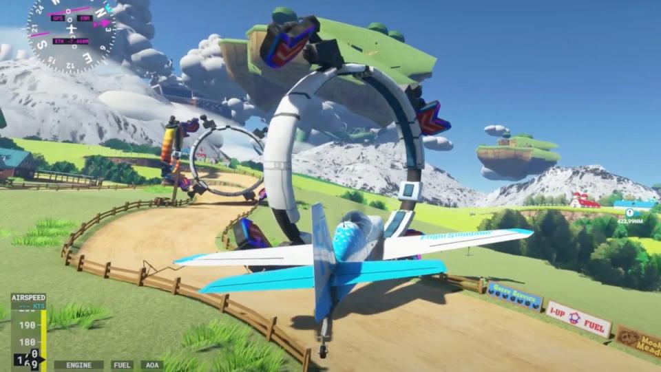 Microsoft Flight Simulator Mario Kart mashup a blue plane flying through moo moo meadows