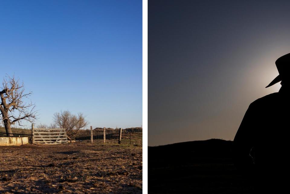 Left: The pen where Dale Jenkins left 35 of his cattle is seen on April 3, 2024 in Canadian. Jenkins feels that if his cattle had not fled the pen, they might have survived the wildfires. Right: “You’d be out there fighting this fire, and you’d be all by yourself — not a soul around. But you’ve got the light from the fire line. And you’re working at it and concentrating so hard, and finally, you get to the end, you finally put out the last flames, and then it’s just totally dark and totally quiet,” Jenkins said.